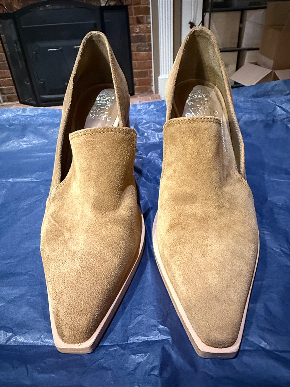 Vince Camuto Wevenly Suede Pointed Slip-On Stacked Heel Pumps